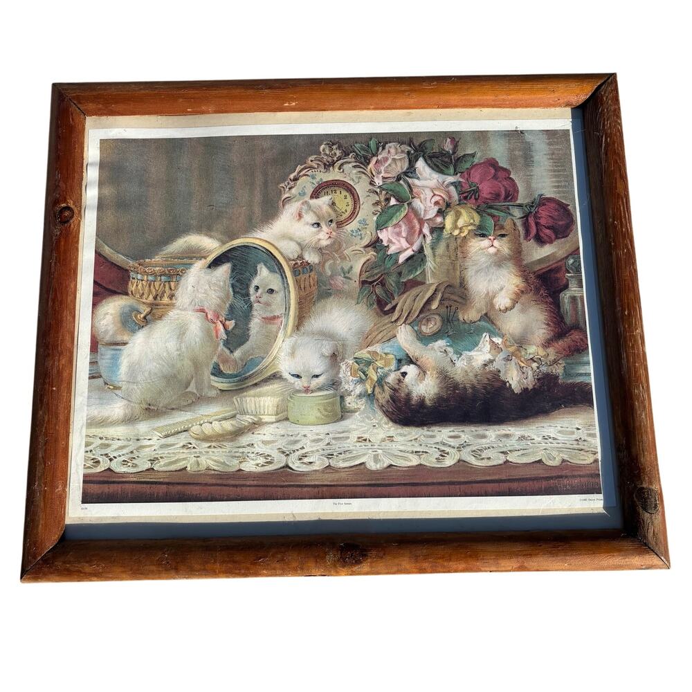 Vtg Victoria Style Kitten Cat Picture Print "The Five Senses" Framed 25x22